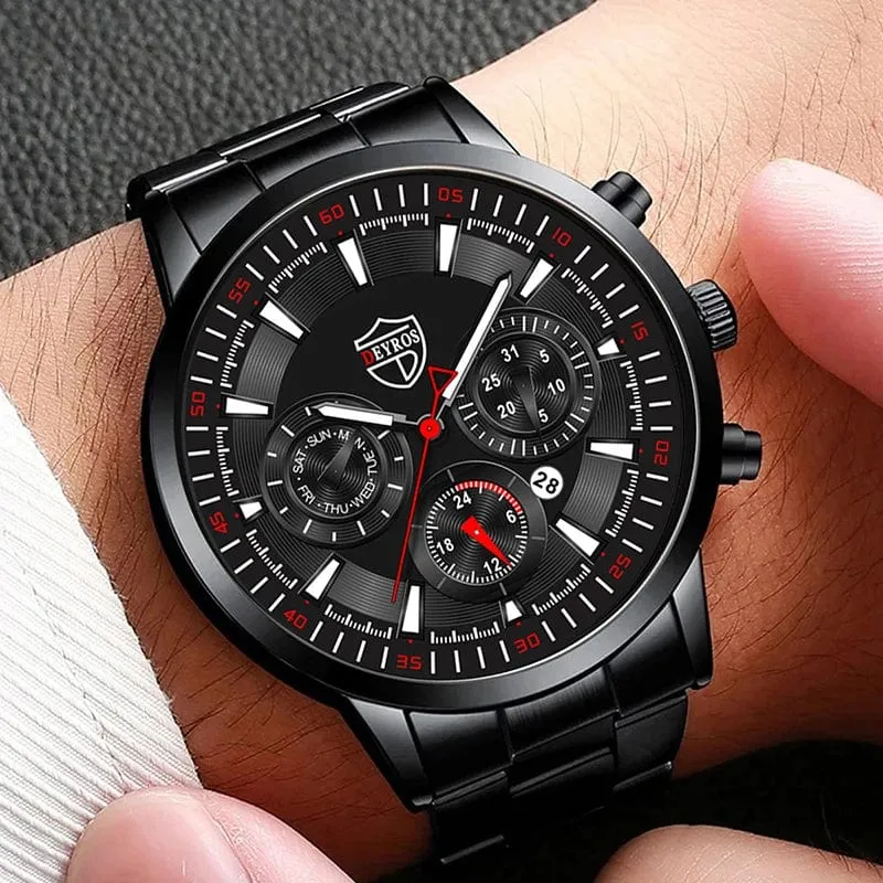 DEYROS Mode Herren Uhren Männlich Edelstahl Quarz Armbanduhr Leuchtende Uhr Männer Sport Leder Armband