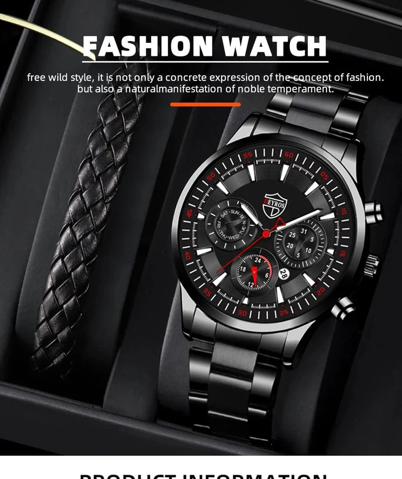 DEYROS Mode Herren Uhren Männlich Edelstahl Quarz Armbanduhr Leuchtende Uhr Männer Sport Leder Armband