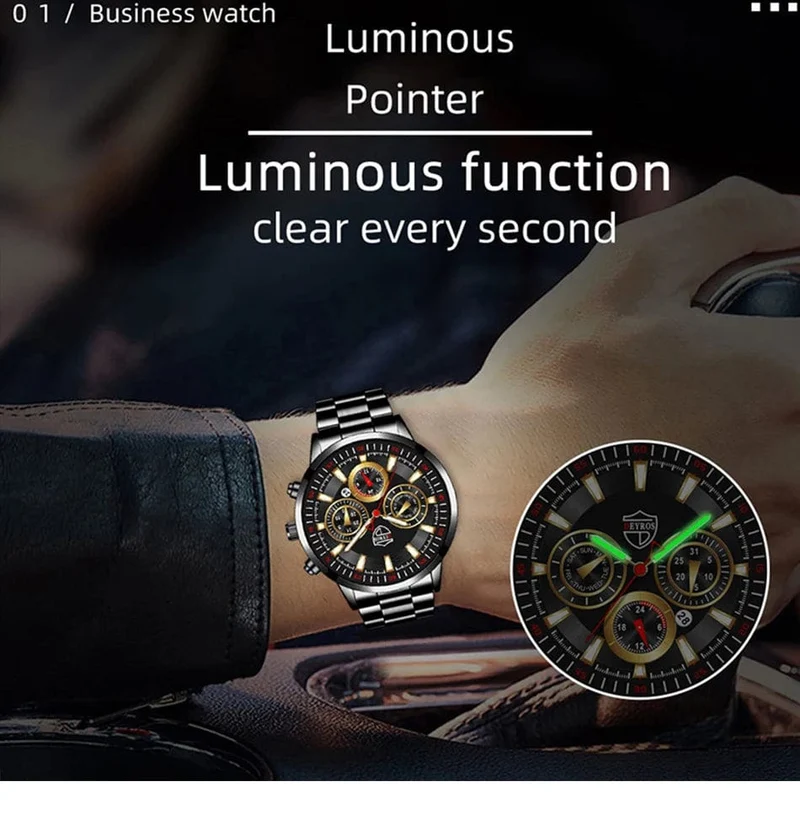 DEYROS Mode Herren Uhren Männlich Edelstahl Quarz Armbanduhr Leuchtende Uhr Männer Sport Leder Armband