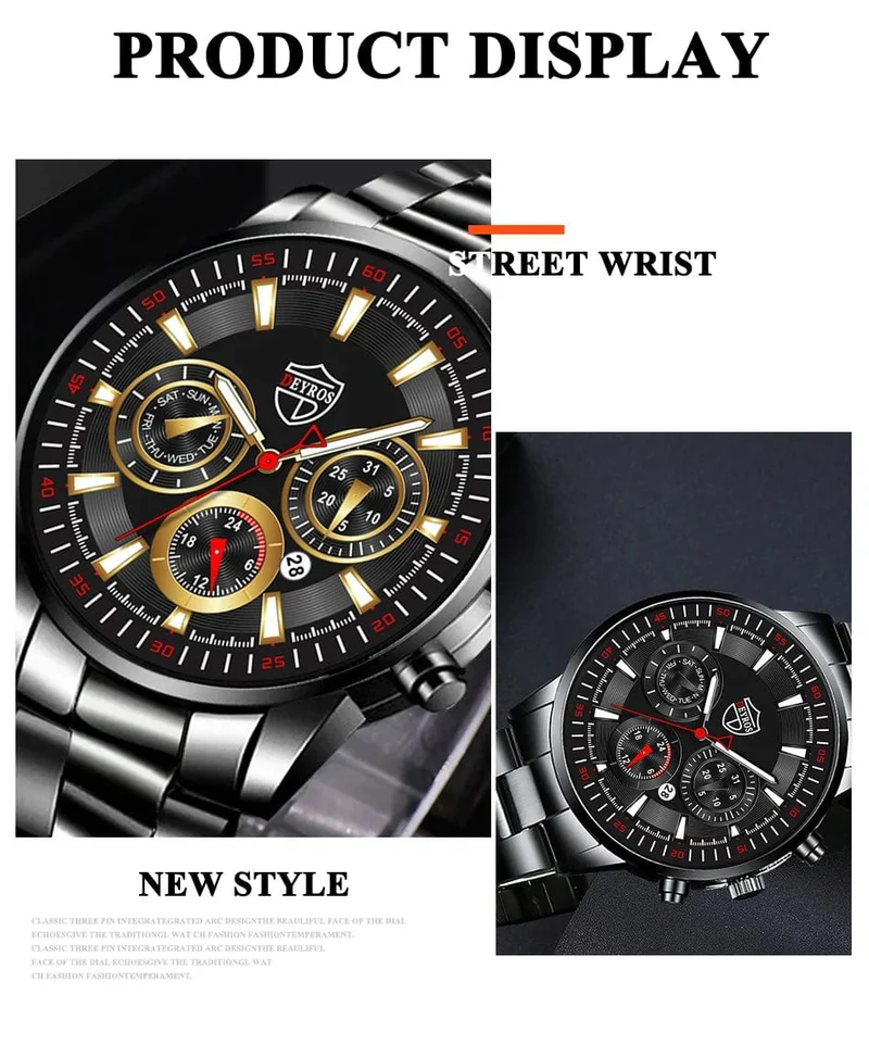 DEYROS Mode Herren Uhren Männlich Edelstahl Quarz Armbanduhr Leuchtende Uhr Männer Sport Leder Armband