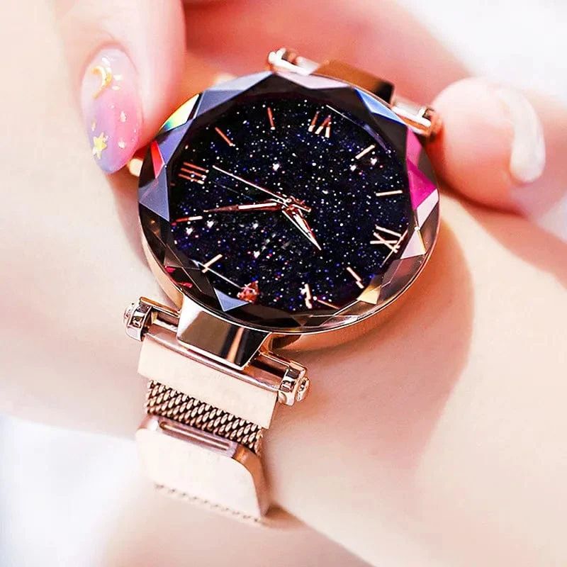 Damenmode Sternenhimmel Uhren Magnetschnalle Mesh Gürtel Diamant Quarzuhr Frauen Kleid Uhr