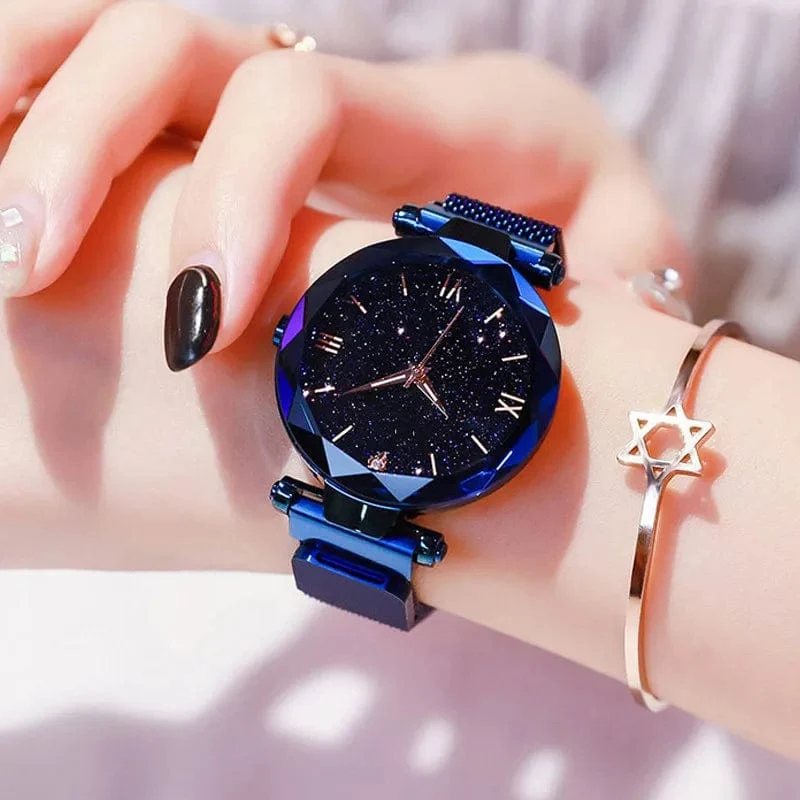 Damenmode Sternenhimmel Uhren Magnetschnalle Mesh Gürtel Diamant Quarzuhr Frauen Kleid Uhr