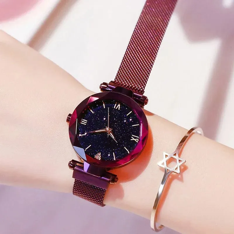 Damenmode Sternenhimmel Uhren Magnetschnalle Mesh Gürtel Diamant Quarzuhr Frauen Kleid Uhr