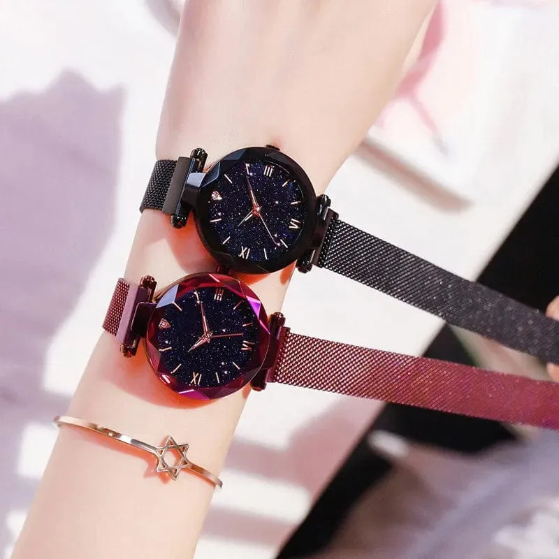 Damenmode Sternenhimmel Uhren Magnetschnalle Mesh Gürtel Diamant Quarzuhr Frauen Kleid Uhr