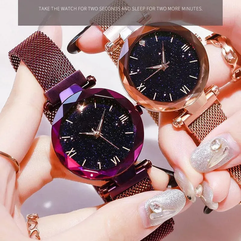 Damenmode Sternenhimmel Uhren Magnetschnalle Mesh Gürtel Diamant Quarzuhr Frauen Kleid Uhr