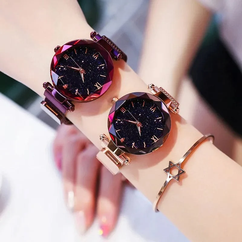 Damenmode Sternenhimmel Uhren Magnetschnalle Mesh Gürtel Diamant Quarzuhr Frauen Kleid Uhr