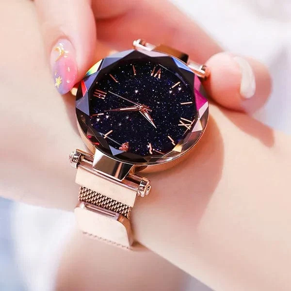 Damenmode Sternenhimmel Uhren Magnetschnalle Mesh Gürtel Diamant Quarzuhr Frauen Kleid Uhr