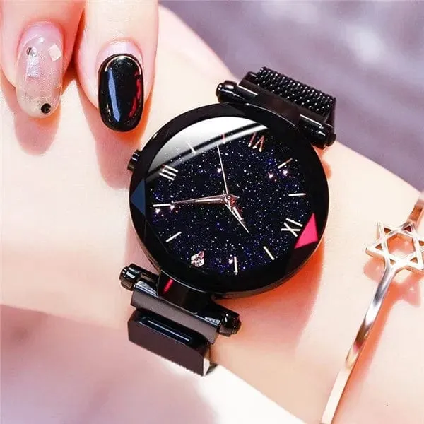 Damenmode Sternenhimmel Uhren Magnetschnalle Mesh Gürtel Diamant Quarzuhr Frauen Kleid Uhr