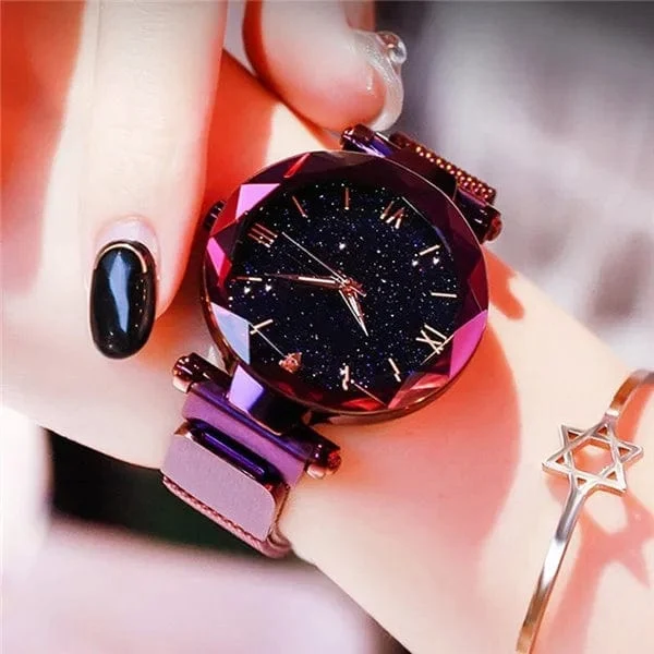 Damenmode Sternenhimmel Uhren Magnetschnalle Mesh Gürtel Diamant Quarzuhr Frauen Kleid Uhr