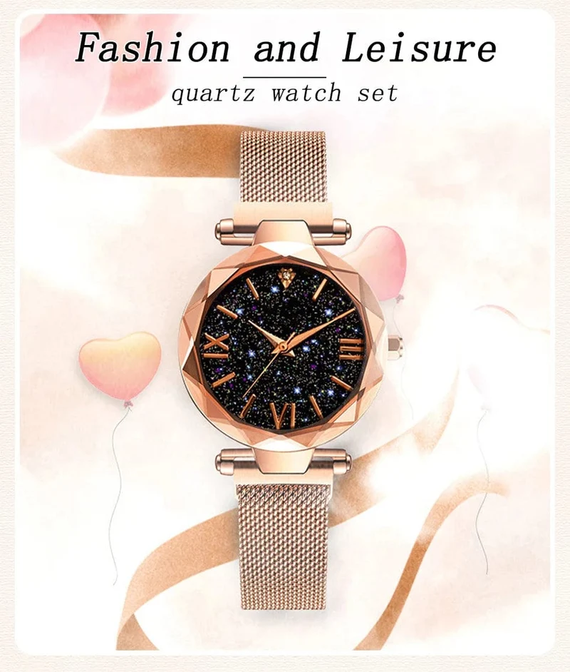 Damenmode Sternenhimmel Uhren Magnetschnalle Mesh Gürtel Diamant Quarzuhr Frauen Kleid Uhr