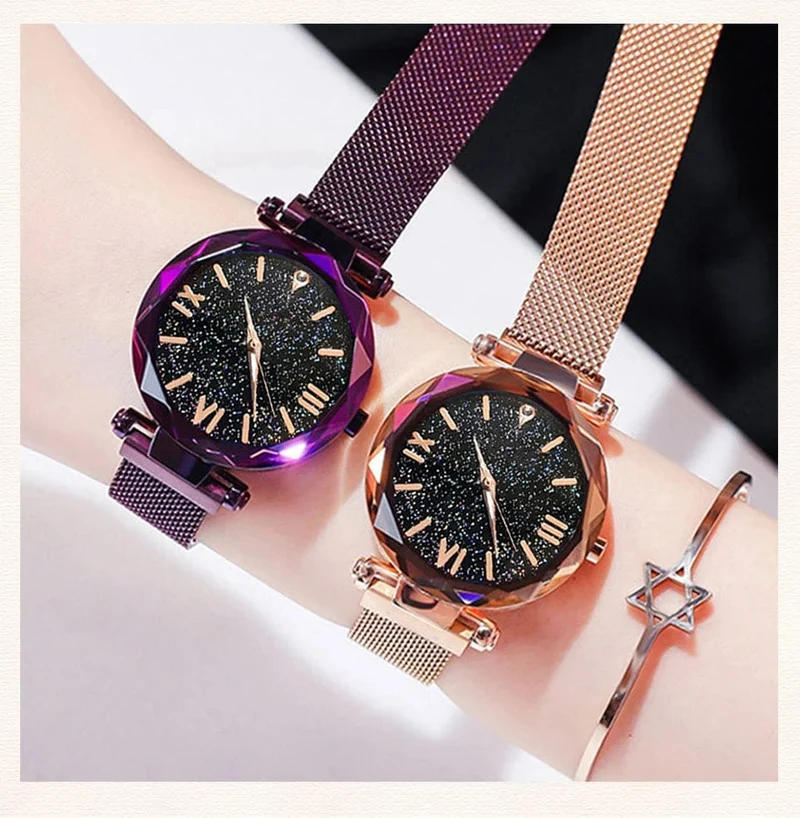 Damenmode Sternenhimmel Uhren Magnetschnalle Mesh Gürtel Diamant Quarzuhr Frauen Kleid Uhr