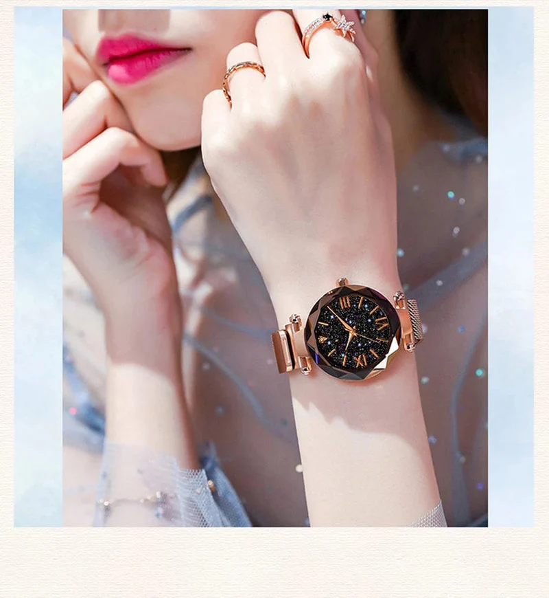 Damenmode Sternenhimmel Uhren Magnetschnalle Mesh Gürtel Diamant Quarzuhr Frauen Kleid Uhr
