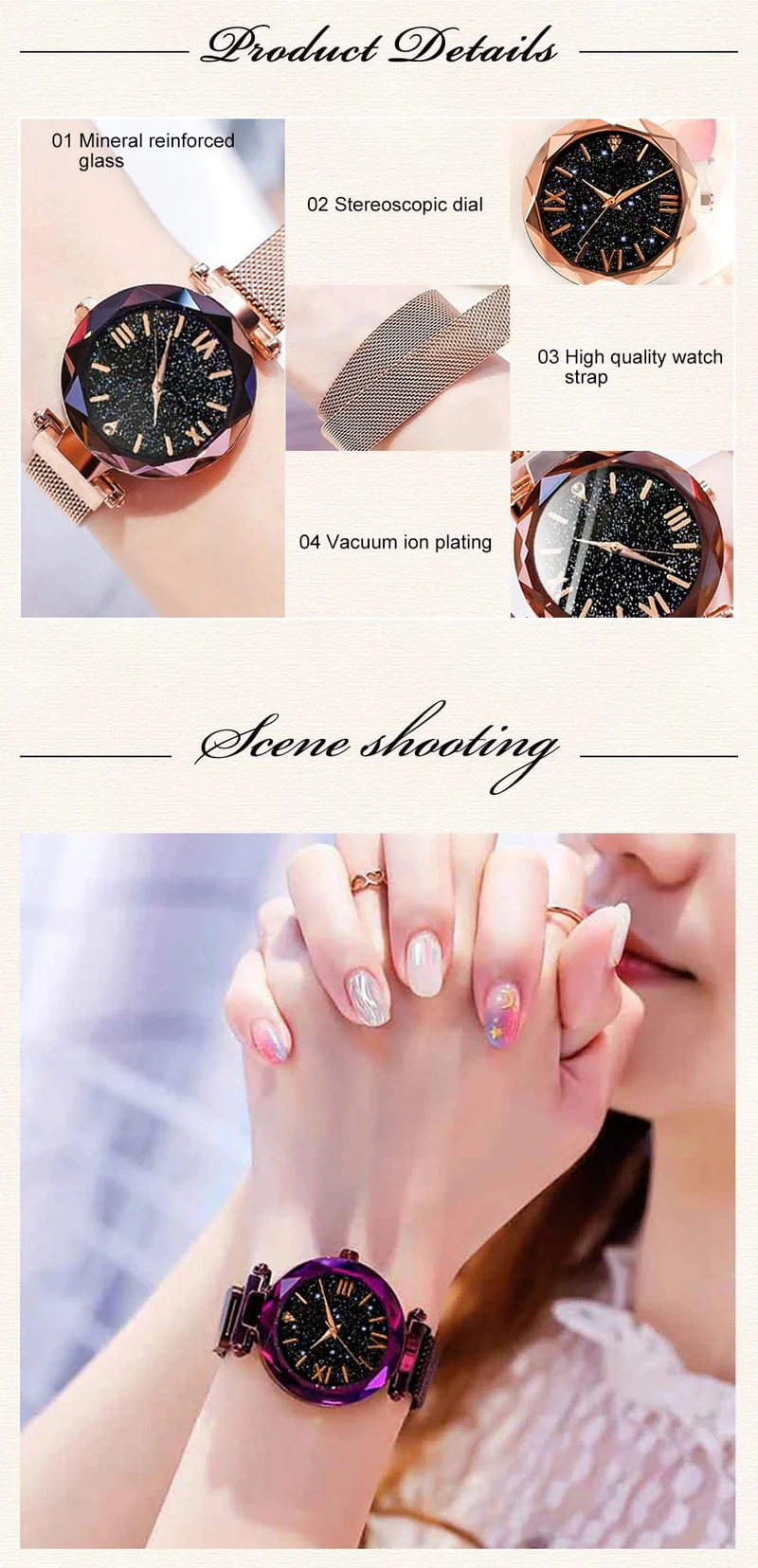 Damenmode Sternenhimmel Uhren Magnetschnalle Mesh Gürtel Diamant Quarzuhr Frauen Kleid Uhr