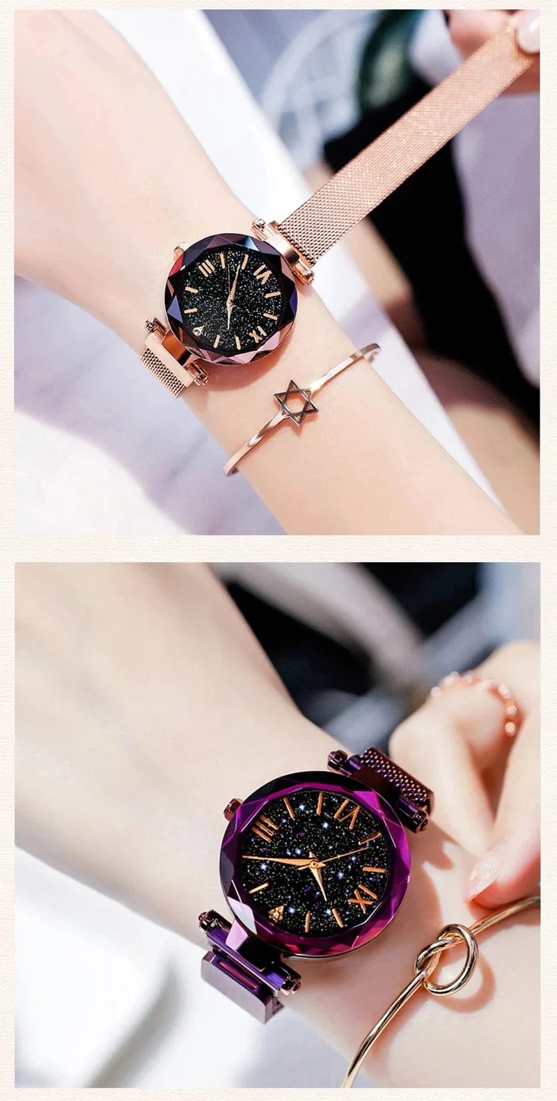 Damenmode Sternenhimmel Uhren Magnetschnalle Mesh Gürtel Diamant Quarzuhr Frauen Kleid Uhr