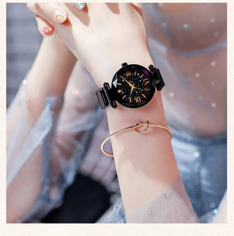 Damenmode Sternenhimmel Uhren Magnetschnalle Mesh Gürtel Diamant Quarzuhr Frauen Kleid Uhr