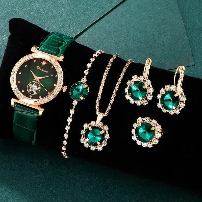 6 STÜCKE Set Grün Luxus Quarzuhr Frauen Ring Halskette Ohrring Strass Mode Armbanduhr Casual Damen Armband Uhren