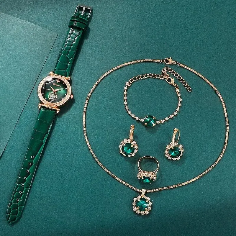 6 STÜCKE Set Grün Luxus Quarzuhr Frauen Ring Halskette Ohrring Strass Mode Armbanduhr Casual Damen Armband Uhren