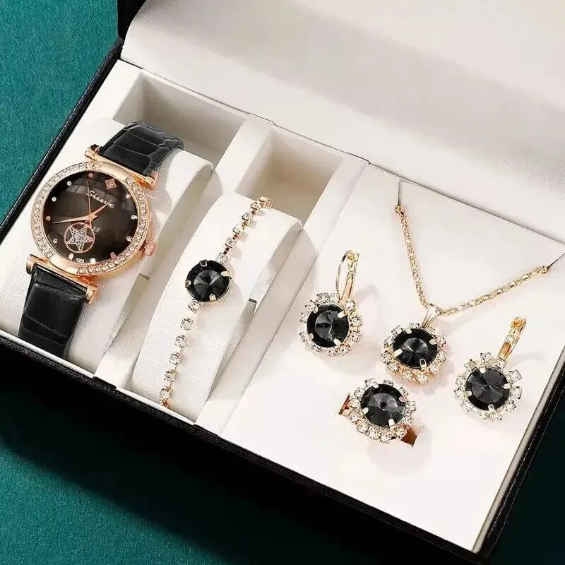 6 STÜCKE Set Grün Luxus Quarzuhr Frauen Ring Halskette Ohrring Strass Mode Armbanduhr Casual Damen Armband Uhren