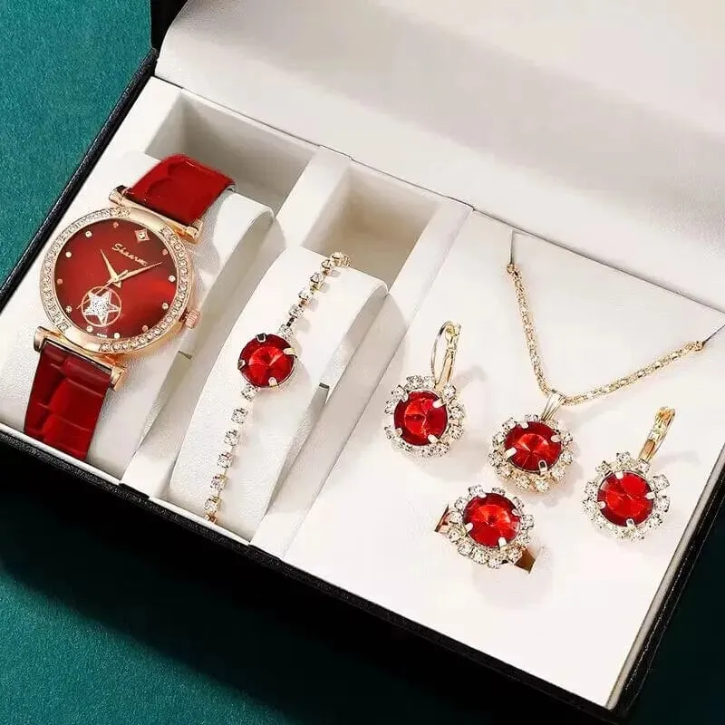 6 STÜCKE Set Grün Luxus Quarzuhr Frauen Ring Halskette Ohrring Strass Mode Armbanduhr Casual Damen Armband Uhren