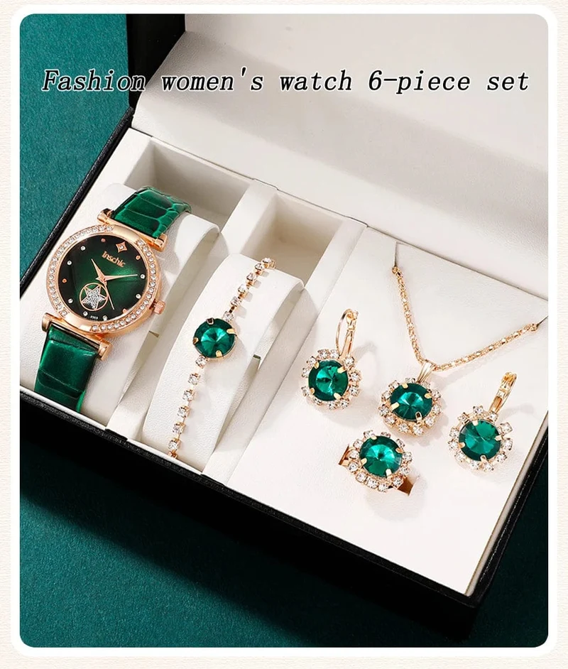 6 STÜCKE Set Grün Luxus Quarzuhr Frauen Ring Halskette Ohrring Strass Mode Armbanduhr Casual Damen Armband Uhren