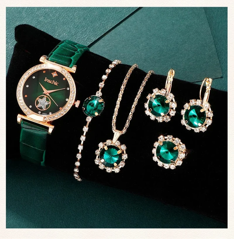 6 STÜCKE Set Grün Luxus Quarzuhr Frauen Ring Halskette Ohrring Strass Mode Armbanduhr Casual Damen Armband Uhren