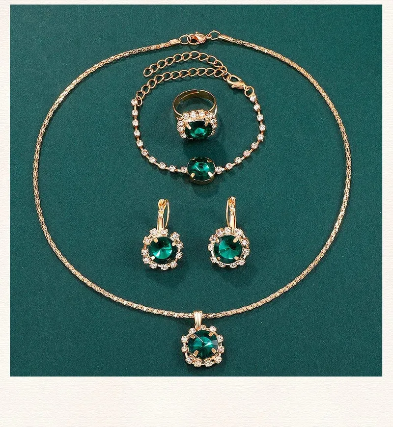 6 STÜCKE Set Grün Luxus Quarzuhr Frauen Ring Halskette Ohrring Strass Mode Armbanduhr Casual Damen Armband Uhren
