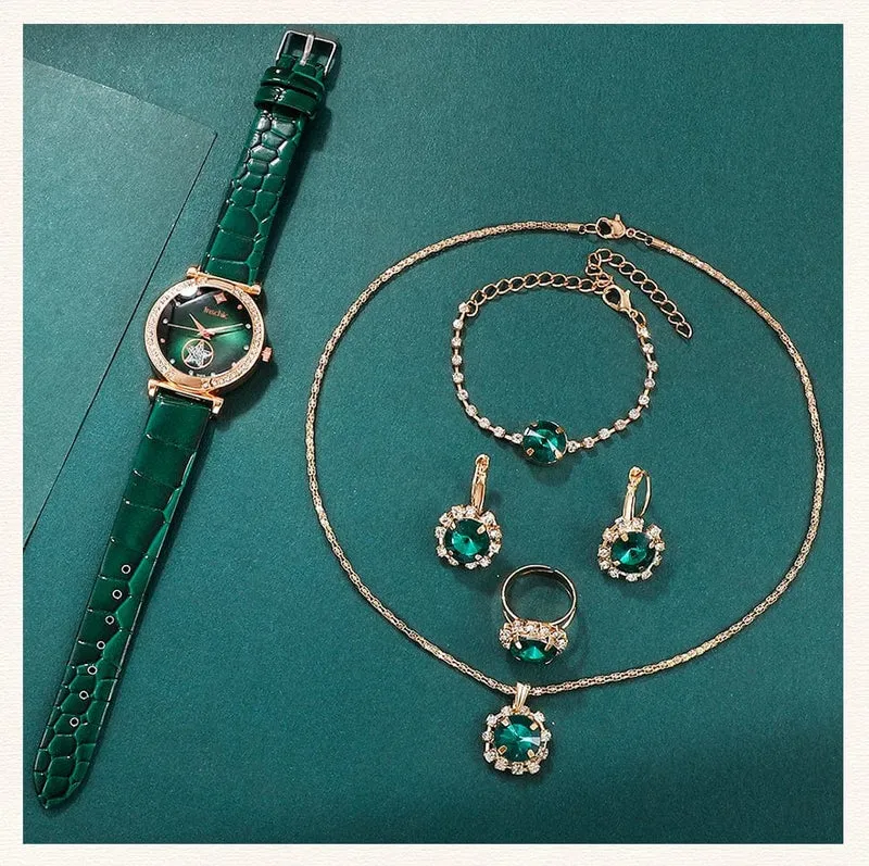 6 STÜCKE Set Grün Luxus Quarzuhr Frauen Ring Halskette Ohrring Strass Mode Armbanduhr Casual Damen Armband Uhren