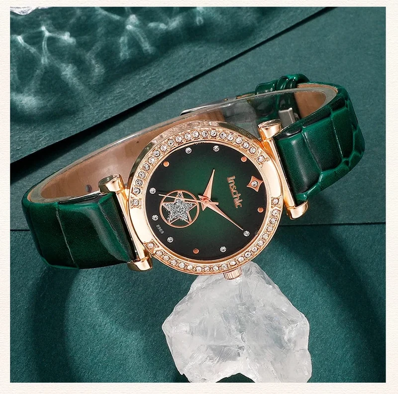 6 STÜCKE Set Grün Luxus Quarzuhr Frauen Ring Halskette Ohrring Strass Mode Armbanduhr Casual Damen Armband Uhren