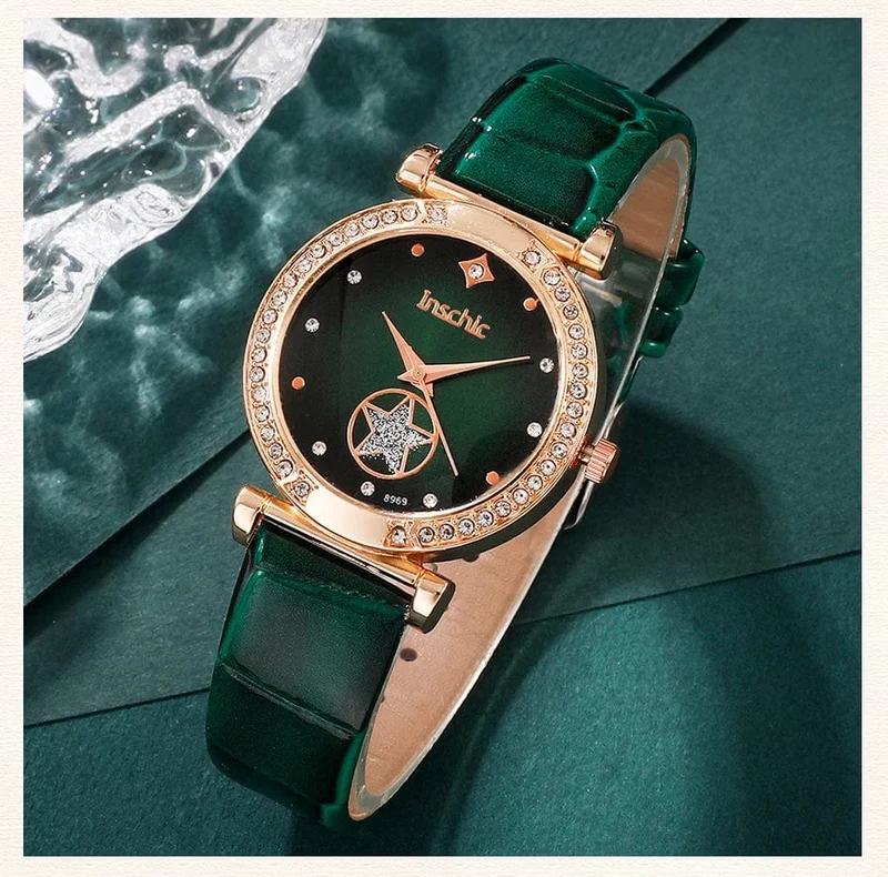 6 STÜCKE Set Grün Luxus Quarzuhr Frauen Ring Halskette Ohrring Strass Mode Armbanduhr Casual Damen Armband Uhren
