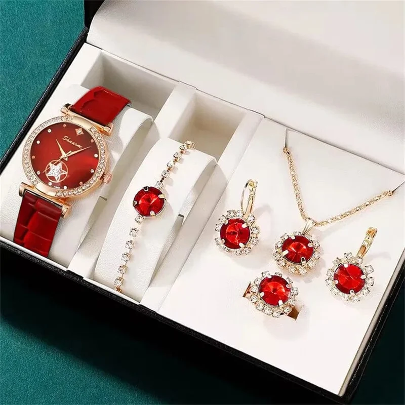 6 STÜCKE Set Grün Luxus Quarzuhr Frauen Ring Halskette Ohrring Strass Mode Armbanduhr Casual Damen Armband Uhren