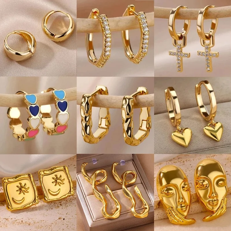 Edelstahl Ohrring für Frauen Herz Zirkon Gold Farbe Hoop Ohrringe Vintage Wasserdicht Ohr Piercing Schmuck Zubehör Geschenk