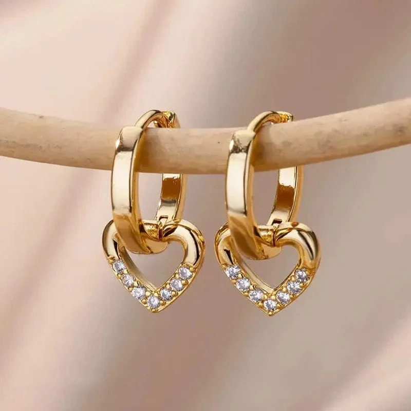 Edelstahl Ohrring für Frauen Herz Zirkon Gold Farbe Hoop Ohrringe Vintage Wasserdicht Ohr Piercing Schmuck Zubehör Geschenk