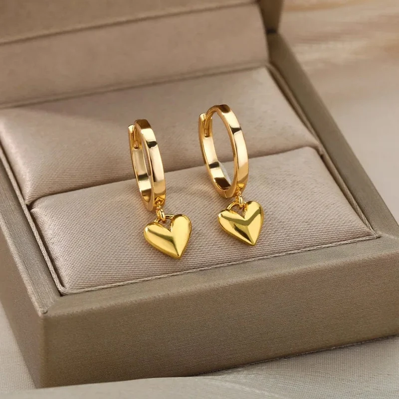 Edelstahl Ohrring für Frauen Herz Zirkon Gold Farbe Hoop Ohrringe Vintage Wasserdicht Ohr Piercing Schmuck Zubehör Geschenk
