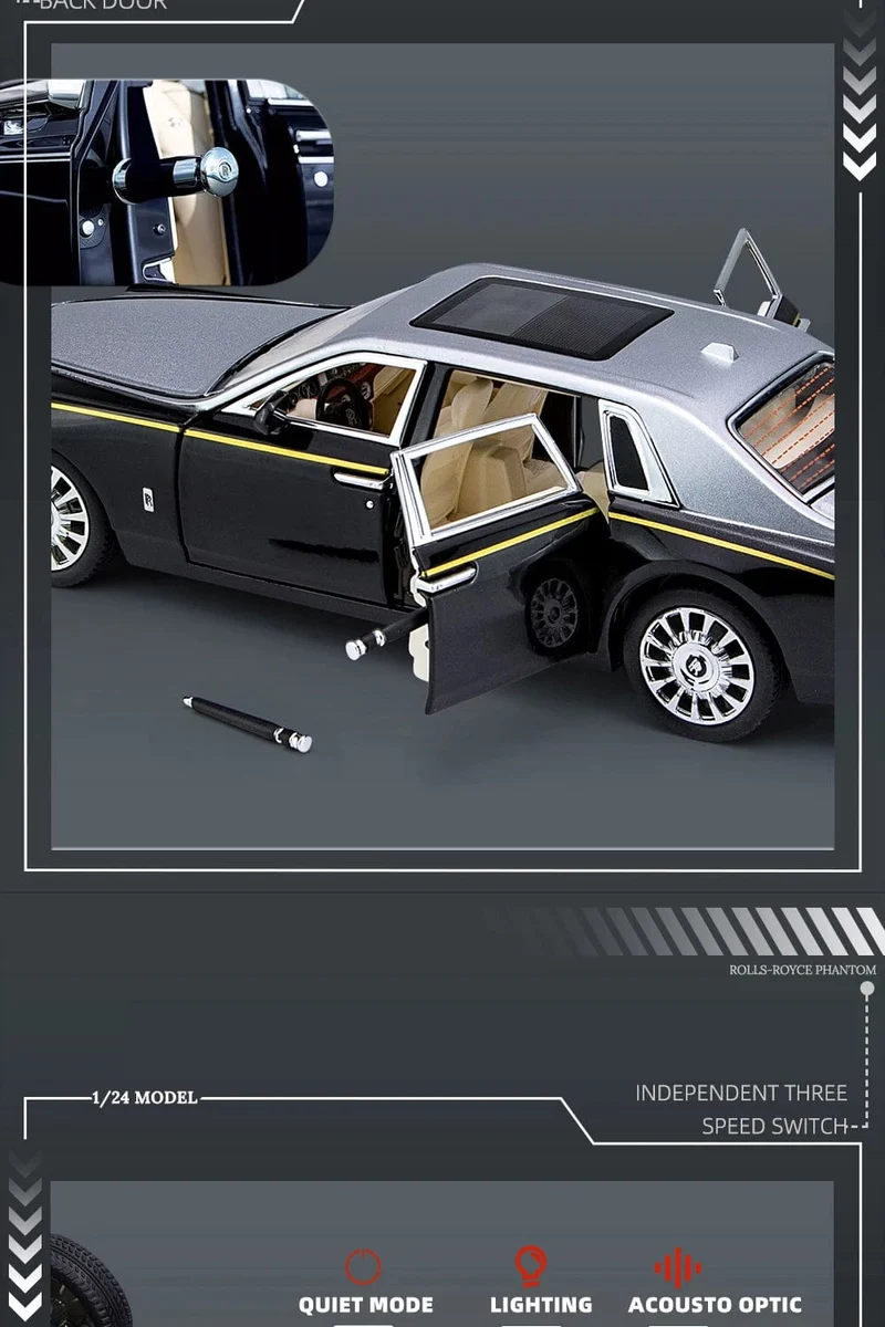 1:24 RR Phantom Modell Zinklegierung Pull Back Druckguss Spielzeugautos mit Ton und Licht für Kinder Jungen Mädchen Geschenk
