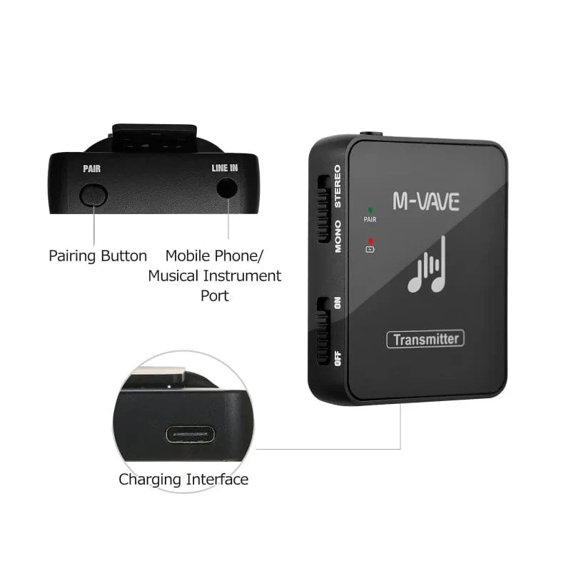 M-VAVE WP-10 2.4 GHz Drahtloses Kopfhörer-Monitor-Übertragungssystem Wiederaufladbarer Sender und Empfänger Stereo-Mono-Aufnahme