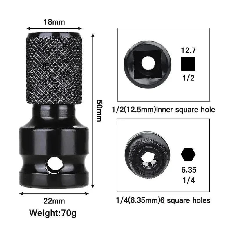 STONEGO 1PC 1/2 Zoll Vierkantantrieb auf 1/4 Zoll Innensechskant-Adapter, Konverter, Bohrfutteradapter für Schlagschrauber, Druckluft- und Elektroschrauber