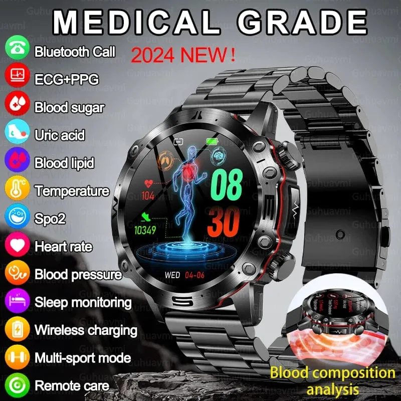 2024 AI Medizinische Diagnose Smart Watch Bluetooth Anruf Blutzucker Blutfett Harnsäure Monitor HRV EKG Smartwatch Für Männer Frauen