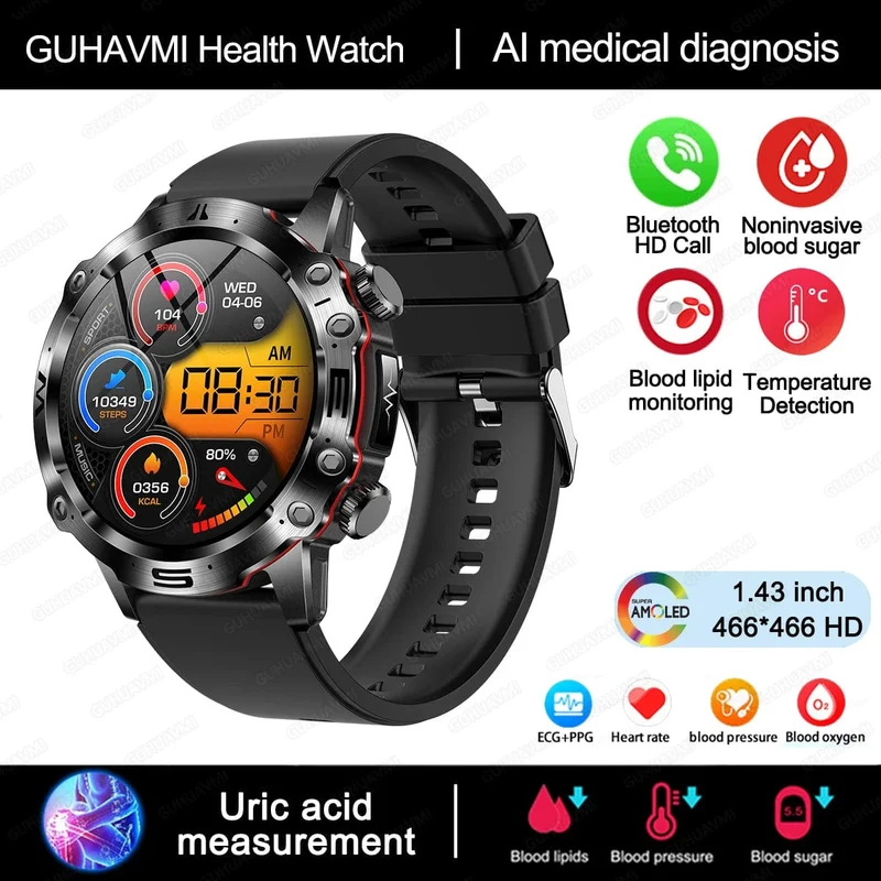 2024 AI Medizinische Diagnose Smart Watch Bluetooth Anruf Blutzucker Blutfett Harnsäure Monitor HRV EKG Smartwatch Für Männer Frauen