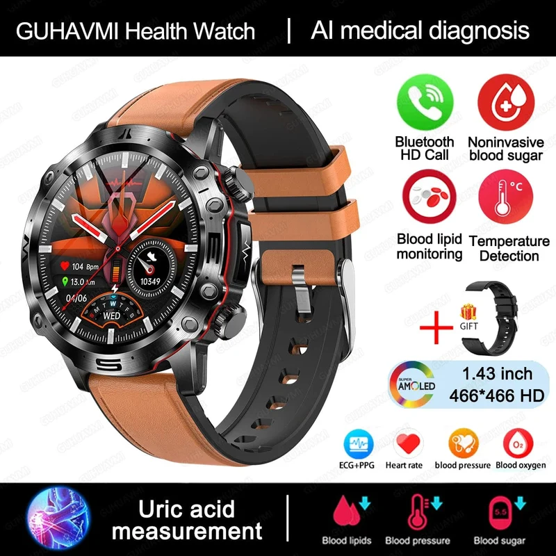 2024 AI Medizinische Diagnose Smart Watch Bluetooth Anruf Blutzucker Blutfett Harnsäure Monitor HRV EKG Smartwatch Für Männer Frauen