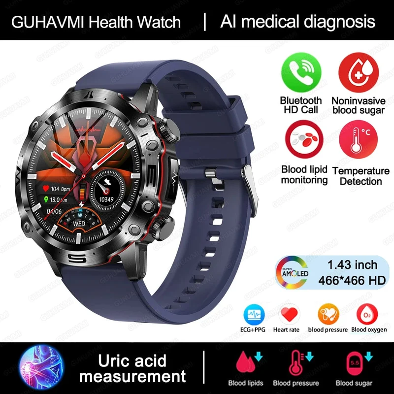 2024 AI Medizinische Diagnose Smart Watch Bluetooth Anruf Blutzucker Blutfett Harnsäure Monitor HRV EKG Smartwatch Für Männer Frauen