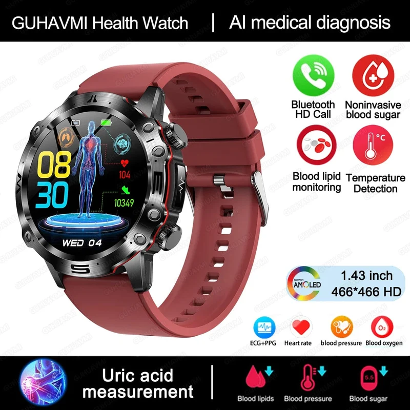2024 AI Medizinische Diagnose Smart Watch Bluetooth Anruf Blutzucker Blutfett Harnsäure Monitor HRV EKG Smartwatch Für Männer Frauen