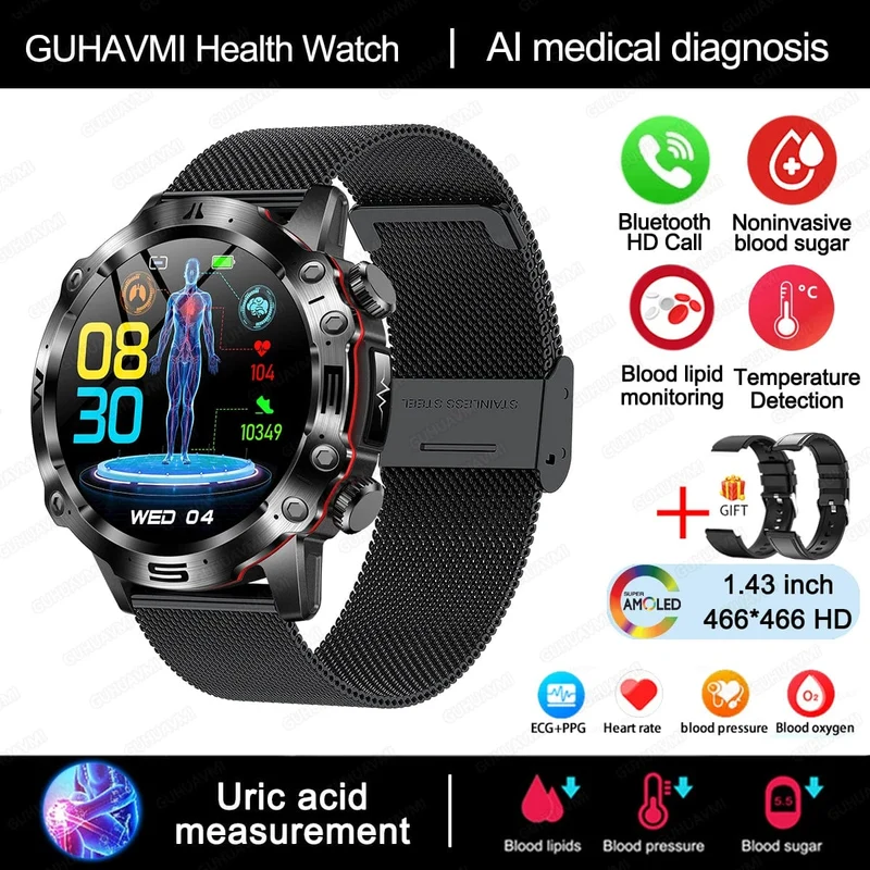 2024 AI Medizinische Diagnose Smart Watch Bluetooth Anruf Blutzucker Blutfett Harnsäure Monitor HRV EKG Smartwatch Für Männer Frauen