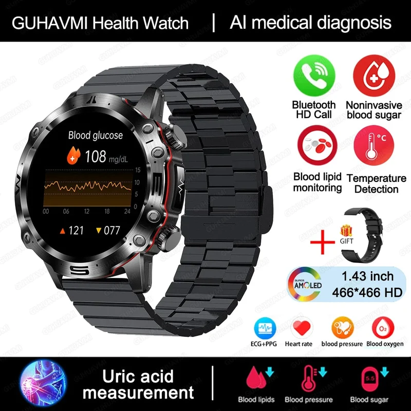2024 AI Medizinische Diagnose Smart Watch Bluetooth Anruf Blutzucker Blutfett Harnsäure Monitor HRV EKG Smartwatch Für Männer Frauen
