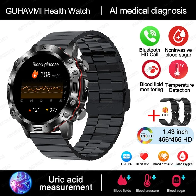 2024 AI Medizinische Diagnose Smart Watch Bluetooth Anruf Blutzucker Blutfett Harnsäure Monitor HRV EKG Smartwatch Für Männer Frauen