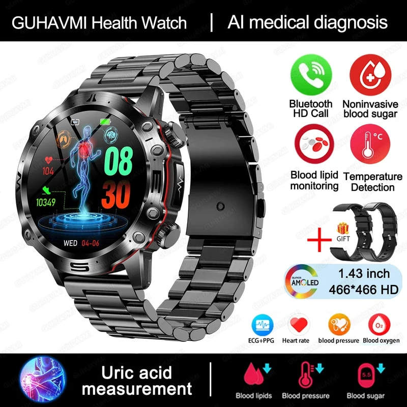 2024 AI Medizinische Diagnose Smart Watch Bluetooth Anruf Blutzucker Blutfett Harnsäure Monitor HRV EKG Smartwatch Für Männer Frauen