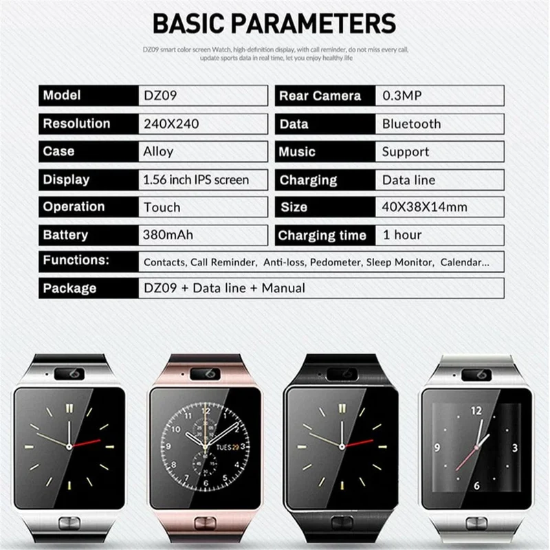 DZ09 Smart Watch Schlafmonitor 1.56" HD-Farbbildschirm Integrierte Sportmodi Smartwatch Fitness-Tracker