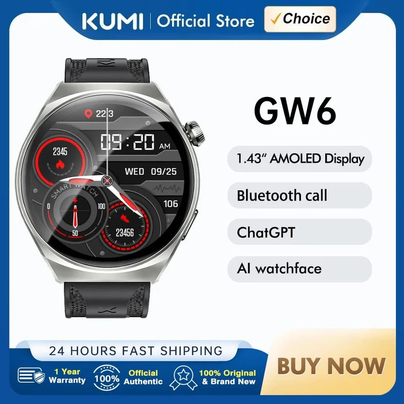 KUMI GW6 1.43-Zoll-AMOLED-Bildschirm Bluetooth-Anruf IP68 Wasserdicht NFC 100+ Sport-Smartwatch mit Herzfrequenz-, Blutdruck- und Sauerstoffmonitor