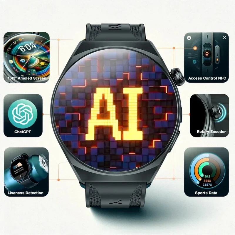 KUMI GW6 1.43-Zoll-AMOLED-Bildschirm Bluetooth-Anruf IP68 Wasserdicht NFC 100+ Sport-Smartwatch mit Herzfrequenz-, Blutdruck- und Sauerstoffmonitor
