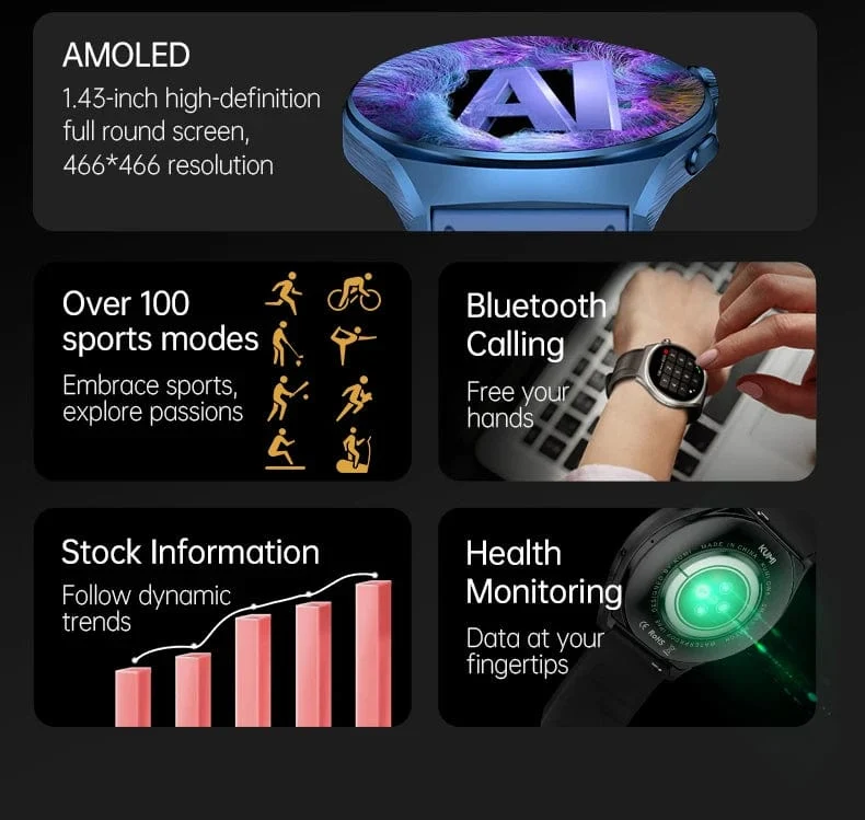 KUMI GW6 1.43-Zoll-AMOLED-Bildschirm Bluetooth-Anruf IP68 Wasserdicht NFC 100+ Sport-Smartwatch mit Herzfrequenz-, Blutdruck- und Sauerstoffmonitor