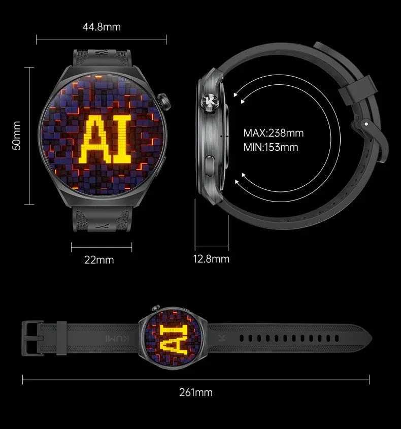 KUMI GW6 1.43-Zoll-AMOLED-Bildschirm Bluetooth-Anruf IP68 Wasserdicht NFC 100+ Sport-Smartwatch mit Herzfrequenz-, Blutdruck- und Sauerstoffmonitor